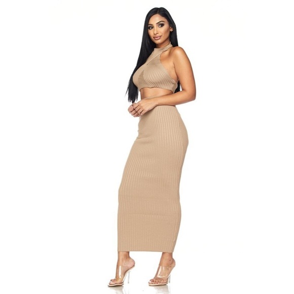 🧡 Ribbed Knit Crop Top & Midi Skirt Set - Mocha - Picture 3 of 8